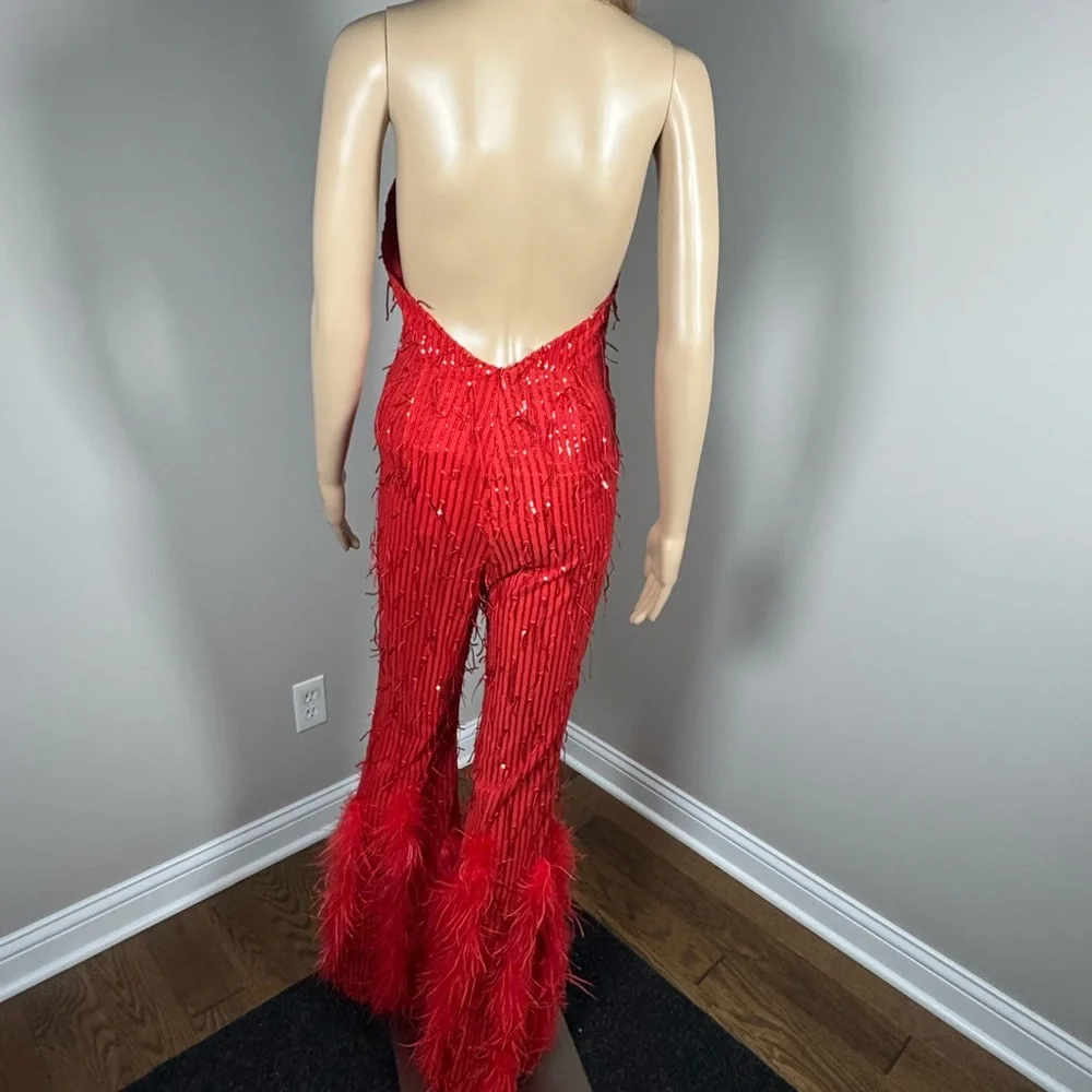 AKIRA NWT Red Sequin Feather Flare Jumpsuit Backless Halter Glam Party Small - Picture 6 of 7